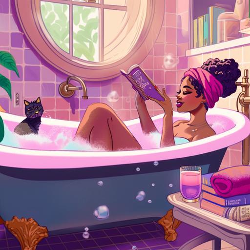 beautiful african american woman, relaxing in a purple-marbled stone bathtub with lots of bubbles, colorful head wrap on her head, sipping a glas of wine, reading a book, cat is sitting in the window, pink towel on the floor --niji