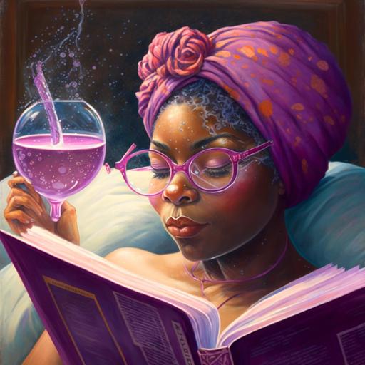 beautiful african american woman, relaxing in a purple-marbled stone bathtub with lots of bubbles, colorful head wrap on her head, sipping a glas of wine, reading a book, cat is sitting in the window, pink towel on the floor --v 4 --s 250 --uplight