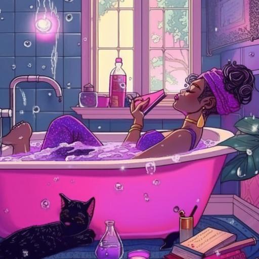 beautiful african american woman, relaxing in a purple-marbled stone bathtub with lots of bubbles, colorful head wrap on her head, sipping a glas of wine, reading a book, cat is sitting in the window, pink towel on the floor --niji