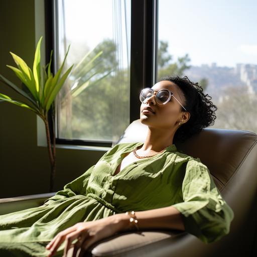 beautiful african american women therapist with green glasses,listing attentively to a patient laying on a green couch in an office with a huge window overlooking Piedmont park in Atlanta ga
