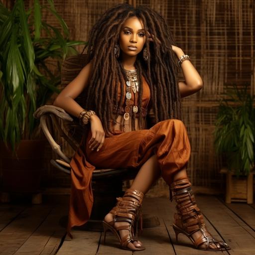 beautiful afro carribean woman with captivating eyes and long, arboreal dreadlocks hair. she wears brown leather sandals on her feet. full body shot.