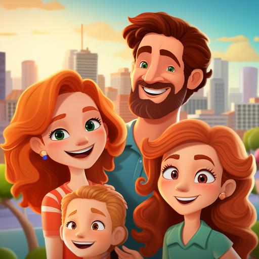 beautiful american animated family of four people. person 1 is mom with blonde hair. person 2 is dad with brown hair, a mustache and beard. person 3 is a 10 year old boy with short brown hair. person 4 is an 8 year old girl with long red hair with wavy curls. all 4 are smiling with laughter outside with a cityscape in the background on a sunny day.