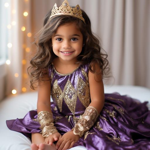 beautiful animated 7 year old indian american little girl wearing a purple and gold dress with stockings and shoes on. smiling cheerfully, wearing a gold crown with shinny white diamonds with light purple gems in it.