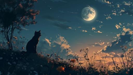 beautiful anime cat looking up with raised front paw::1.5 full moon, night sky full of wonder, few clouds, tree silhouettes, surreal, pointillism, watercolor and acrylic, brilliant colors, Marchetti, Van Gogh::1 --ar 16:9 --v 6.0