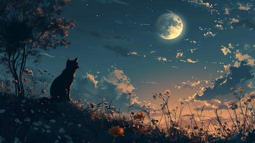 beautiful anime cat looking up with raised front paw::1.5 full moon, night sky full of wonder, few clouds, tree silhouettes, surreal, pointillism, watercolor and acrylic, brilliant colors, Marchetti, Van Gogh::1 --ar 16:9 --v 6.0