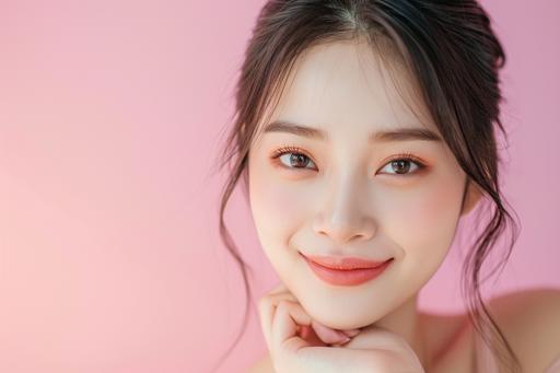 beautiful asia women, face v-shape, 8k, smiling, front view ,wearing simple pink color dress, skin care shooting background , --ar 3:2 --v 6.0