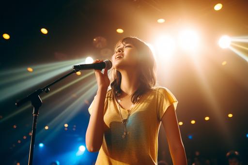 beautiful asian girl singing and dancing onstage, photo, t-shirt and jeans, yellow and blue stage lights, big stage with high roof, full band in the back, lens flare --ar 3:2 --v 5.2