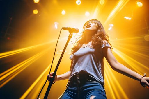 beautiful asian girl singing and dancing onstage, photo, t-shirt and jeans, yellow and blue stage lights, big stage with high roof, full band in the back, lens flare --ar 3:2 --v 5.2