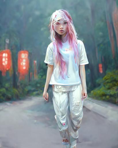 beautiful asian girl with straight light pink hair, loose hair, braids, pink eyes lens and narrow pupils, white t-shirt, grey pants, white shoes, heart bokeh, midnight japanese garden background, girl in motion, wear concept art, gear concept art, reference art sheet, high details, spectral, glitch art, unreal engine --ar 3:4
