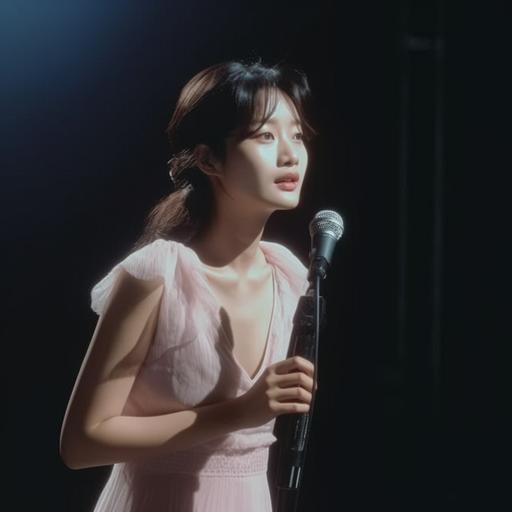 , beautiful asian women, in beautiful pale pink dior dress, clear edge definition, in the dark room, strong blight spotlight only on the women, Polaroid core, dignity ,vintage singer, on the stage, spectacular core, strong --v 5.0