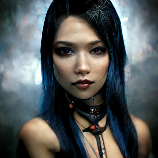 beautiful asian women with long electric blue hair and tight-fitting black leather corset collar, bright blue eyes, makeup, face, serious, dramatic light, dark, dystopic, fog, hyperrealism, ruins background, octane render, unreal engine 5, dark, dramatic lighting, realistic, intricate, insane detail, cinematic lighting, hyper realism, extremely detailed, sharp focus, illustration, art by artgerm, Photography, Cinematic Lighting, Volumetric Lighting, etheral light, intricate details, extremely detailed volumetric rays