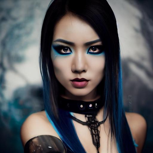 beautiful asian women with long electric blue hair and tight-fitting black leather corset collar, bright blue eyes, makeup, face, serious, dramatic light, dark, dystopic, fog, hyperrealism, ruins background, octane render, unreal engine 5, dark, dramatic lighting, realistic, intricate, insane detail, cinematic lighting, hyper realism, extremely detailed, sharp focus, illustration, art by artgerm, Photography, Cinematic Lighting, Volumetric Lighting, etheral light, intricate details, extremely detailed volumetric rays --test --creative --upbeta