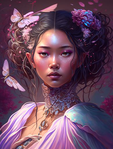 beautiful, asian young woman, in victorian aristocrat clothing, detailed gorgeous face, flowing hair, vaporwave aesthetic, synthwave long luxurious gown made out of pearls, hair done up with flowers and ribbons, butterflies, birds, sharp focus, intricate details, hyper realistic, 8K, greg rutkowski and alphonse mucha, neon watercolor --v 4 --ar 3:4