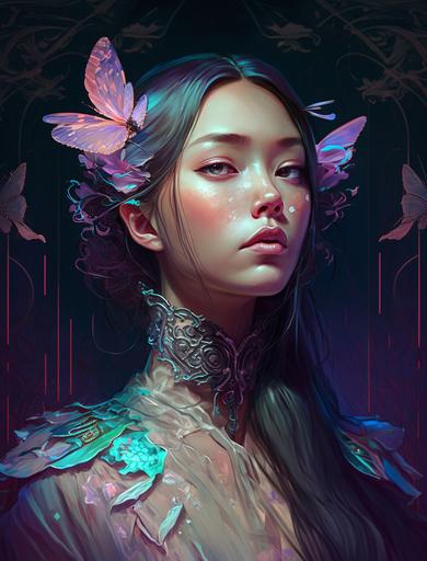 beautiful, asian young woman, in victorian aristocrat clothing, detailed gorgeous face, flowing hair, vaporwave aesthetic, synthwave long luxurious gown made out of pearls, hair done up with flowers and ribbons, butterflies, birds, sharp focus, intricate details, hyper realistic, 8K, greg rutkowski and alphonse mucha, neon watercolor --v 4 --ar 3:4