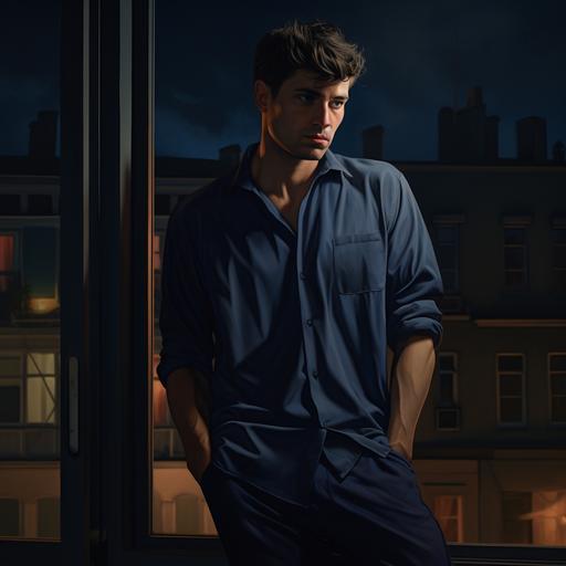 beautiful athletic 25 years old dressed with dark blue shirt and blue pants, standing, photorealistic, picture, elegant, in a dark living room, lights off, night outside window, buildings, city, ar 2:3