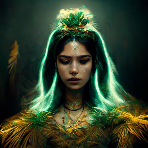 beautiful aztec princess looking like georgina rodriguez dissolving into green feathers, jade jewelry, cinematic lighting, dark fantasy, mystic, movie poster style, box office, 8k, photorealistic, hyper detailed