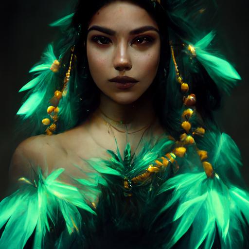 beautiful aztec princess looking like georgina rodriguez dissolving into green feathers, jade jewelry, cinematic lighting, dark fantasy, mystic, movie poster style, box office, 8k, photorealistic, hyper detailed --uplight