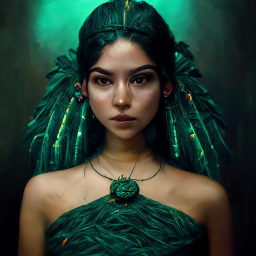 beautiful aztec princess looking like georgina rodriguez wearing a green feather dress, jade jewelry, cinematic lighting, dark fantasy, mystic, movie poster style, box office, 8k, photorealistic, hyper detailed