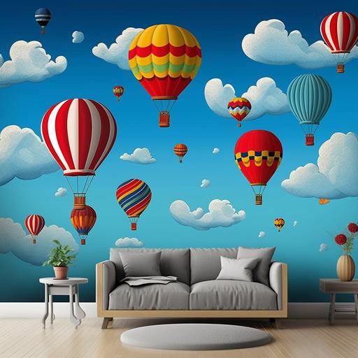 beautiful background with blue sky, big and colorful hot air baloons, birds and one airplane, pixar cartoon style, cloud pattern in the sky-  (fast) --style raw
