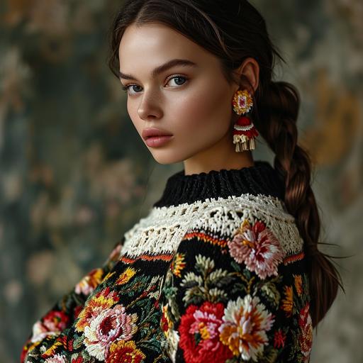 beautiful beauty Ukrainian model in a Dolce-Gabana ugly sweater --v 6.0 --s 250