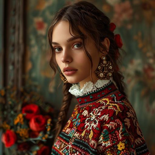 beautiful beauty Ukrainian model in a Dolce-Gabana ugly sweater --v 6.0 --s 250