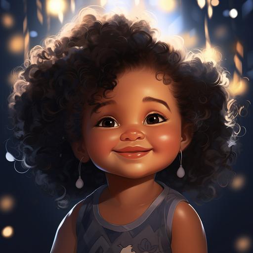 beautiful black baby light eyes, cheeks, cute cartoon, curly hair smiling