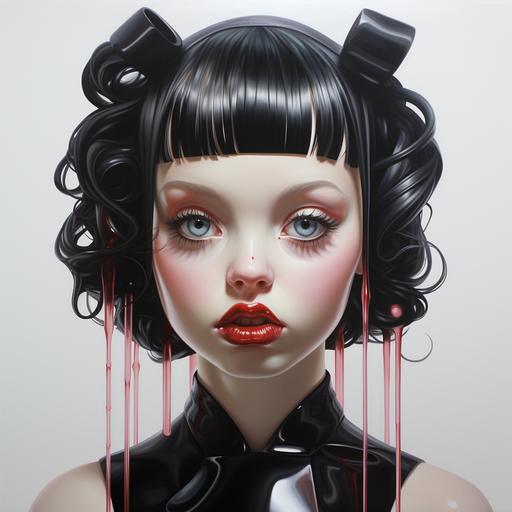 beautiful black candy girl, blades, dead love, in the style of fang lijun, martin creed, scott rohlfs, dollcore, post