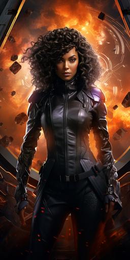 beautiful black curlyhaired woman in a futuristic suit, stands in the time loop, fantasy style, space opera, obsidian. movie poster style. doctor who, digital art, 4k --ar 1:2 --v 5.2