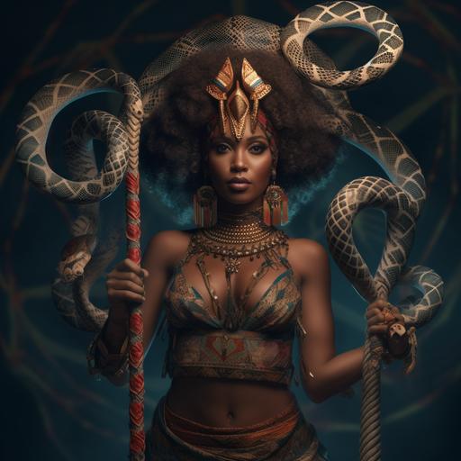 beautiful black woman, dressed in circus snake charmer clothes with a snake coiled around her arm, symbolizing her power to dominate and control, 3D art, C4D, 8k