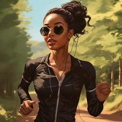 beautiful black woman running on a wooded trail. She’s wearing black workout gear and black sunglasses. Her hair is braided up in a big bun on top of her head. She has on rose gold headphones. Sunny day. Her guardian angel is in the background.