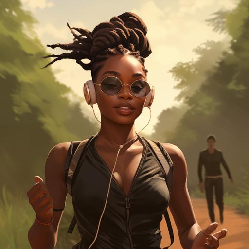 beautiful black woman running on a wooded trail. She’s wearing black workout gear and black sunglasses. Her hair is braided up in a big bun on top of her head. She has on rose gold headphones. Sunny day. Her guardian angel is in the background.