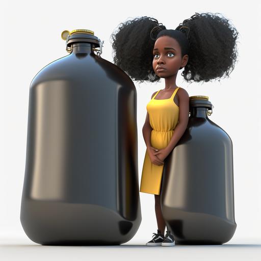 beautiful black woman standing in front giant water bottles, hyper realistic cartoon, 4k, ha, pixar