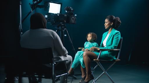 beautiful black woman with baby on her lap, sitting in directors chair on stage being interviewed wearing teal outfit, photo realistic --aspect 16:9