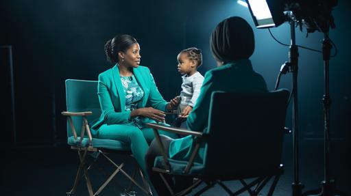 beautiful black woman with baby on her lap, sitting in directors chair on stage being interviewed wearing teal outfit, photo realistic --aspect 16:9