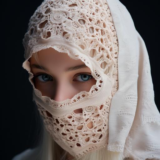 beautiful blond asian girl face with alternative balaclava from embroiderer cobweb --style raw