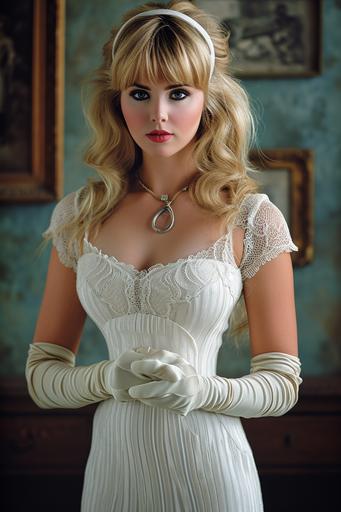 beautiful blonde woman in white dress with gloves, in the style of bill ward, light beige and light amber, hd, 32k uhd, celebrity and pop culture references, clifford coffin, mort künstler --ar 85:128 --c 35 --s 400 --v 6.0