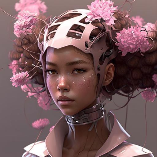 beautiful brown girl anime with some pink flowers on her head, futuristic, 8 ultra realism
