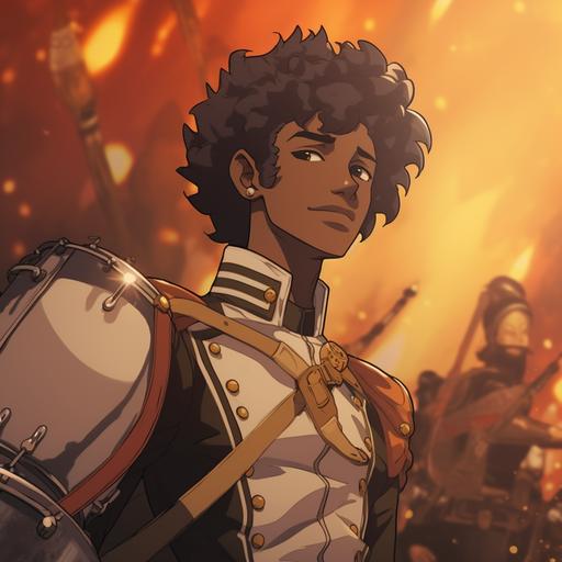beautiful, brown skinned, charming, charismatic, 18 year old boy leading a mercenary band in anime form in 4k