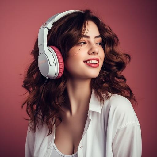 beautiful brunette woman with big white headphones and enjoys listening to music, real photo