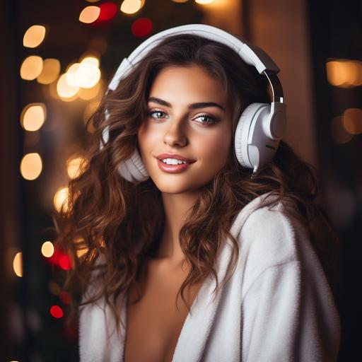 beautiful brunette woman with big white headphones and enjoys listening to music, real photo