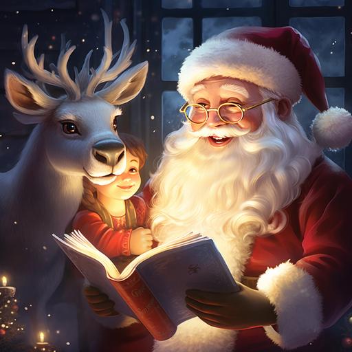 beautiful christmas book cover for cildren 3-8 with santa reindeer , snow, cartoon