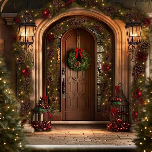 beautiful christmas garland , red shiny balls , greens , pinecones , red berries , twinkling fairy lights , sleigh bells , strung around a grand front door --s 1000 --s 750 --v 5.1