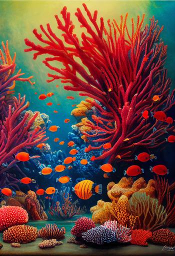 beautiful coral reef underwater painting, sponges, coral, fish, tidepool, Paiting by Ivan Shishkin, Hyper-realistic, intricate detail, colourful, Beautiful lighting, Volumetric lighting, oil painting, realism, Optics, Caustics, An Jung-hwan, HD