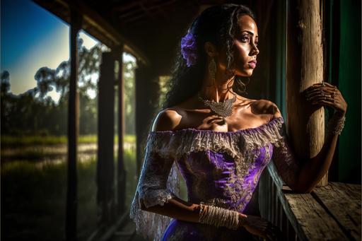 beautiful creole girl in a purple lace wedding dress standing on the porch of a run-down shack in the bayou, muscular, lean, fashion photography, studio photography, soft studio lighting, backlighting --ar 3:2 --chaos 99 --q 2 --v 4