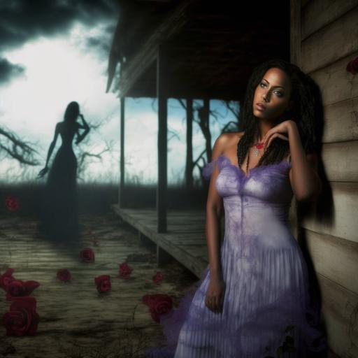 beautiful creole girl in a purple lace wedding dress standing on the porch of a run-down shack in the bayou, muscular, lean, fashion photography, studio photography, soft studio lighting, backlighting --v 4 --q 2