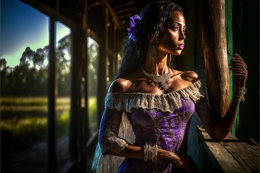beautiful creole girl in a purple lace wedding dress standing on the porch of a run-down shack in the bayou, muscular, lean, fashion photography, studio photography, soft studio lighting, backlighting --ar 3:2 --chaos 99 --q 2 --v 4