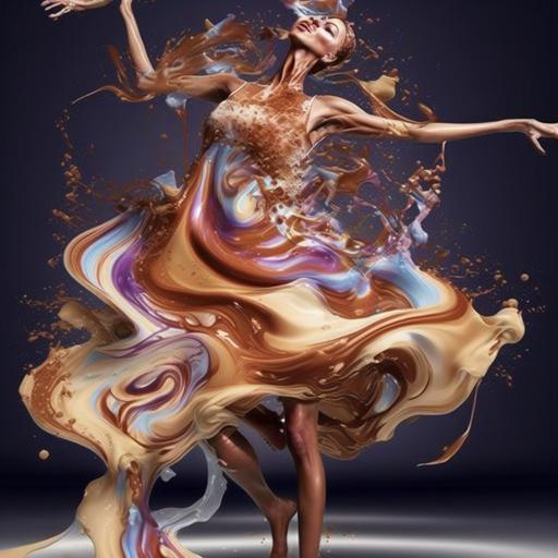 beautiful dancer, alluring eyes, liquid ice cream dress, melting ice cream, milk dress, salsa dancer, fluid motion, action --v 4