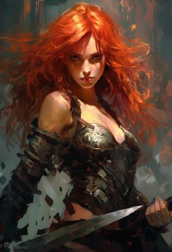 beautiful dark fantasy girl with red hair and a sword, in the style of nightmarish creatures, dark silver and light orange, pulp comics, elaborate costumes, gothcore, lith printing, sharp attention to detail --ar 28:41 --v 5.1