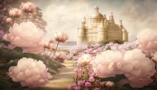 beautiful dreamy golden and pink Princess castle with ushes of white and pink peonies, lilacs and spring flowers, path of petals, light colors pink, dusty lilac, white, sand, pictoric Renoir and Monet style, volume lighting, --ar 16:9
