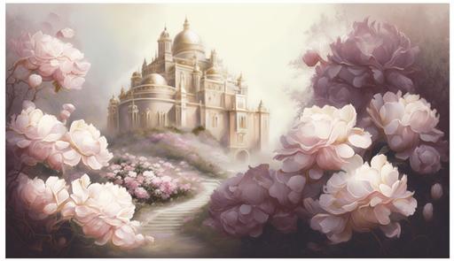 beautiful dreamy golden and pink Princess castle with ushes of white and pink peonies, lilacs and spring flowers, path of petals, light colors pink, dusty lilac, white, sand, pictoric Renoir and Monet style, volume lighting, --ar 16:9